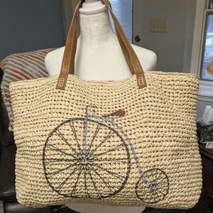 Straw Studios Tan Tote with Bicycle Design